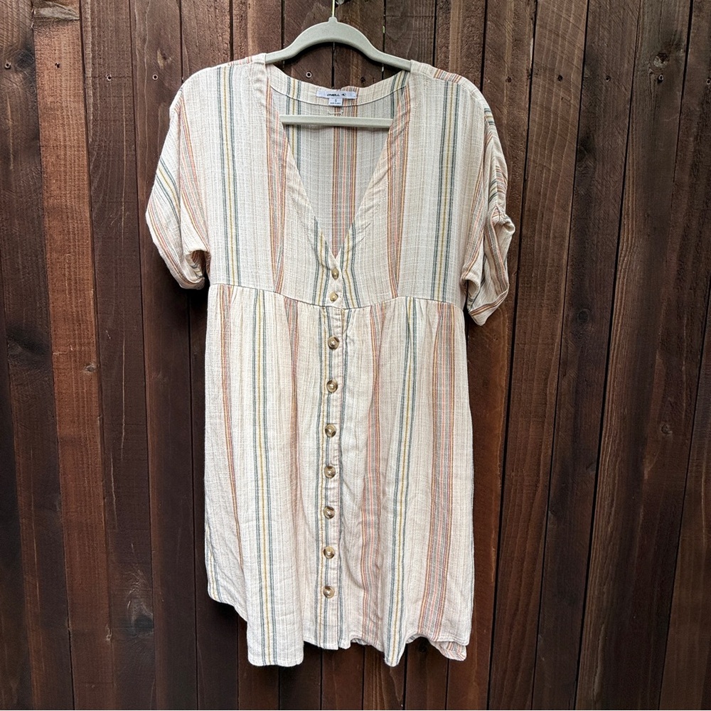 O’Neill DRESS Reagan Babydoll Stripe Short Sleeve Woven Mini Button Front | Sz S